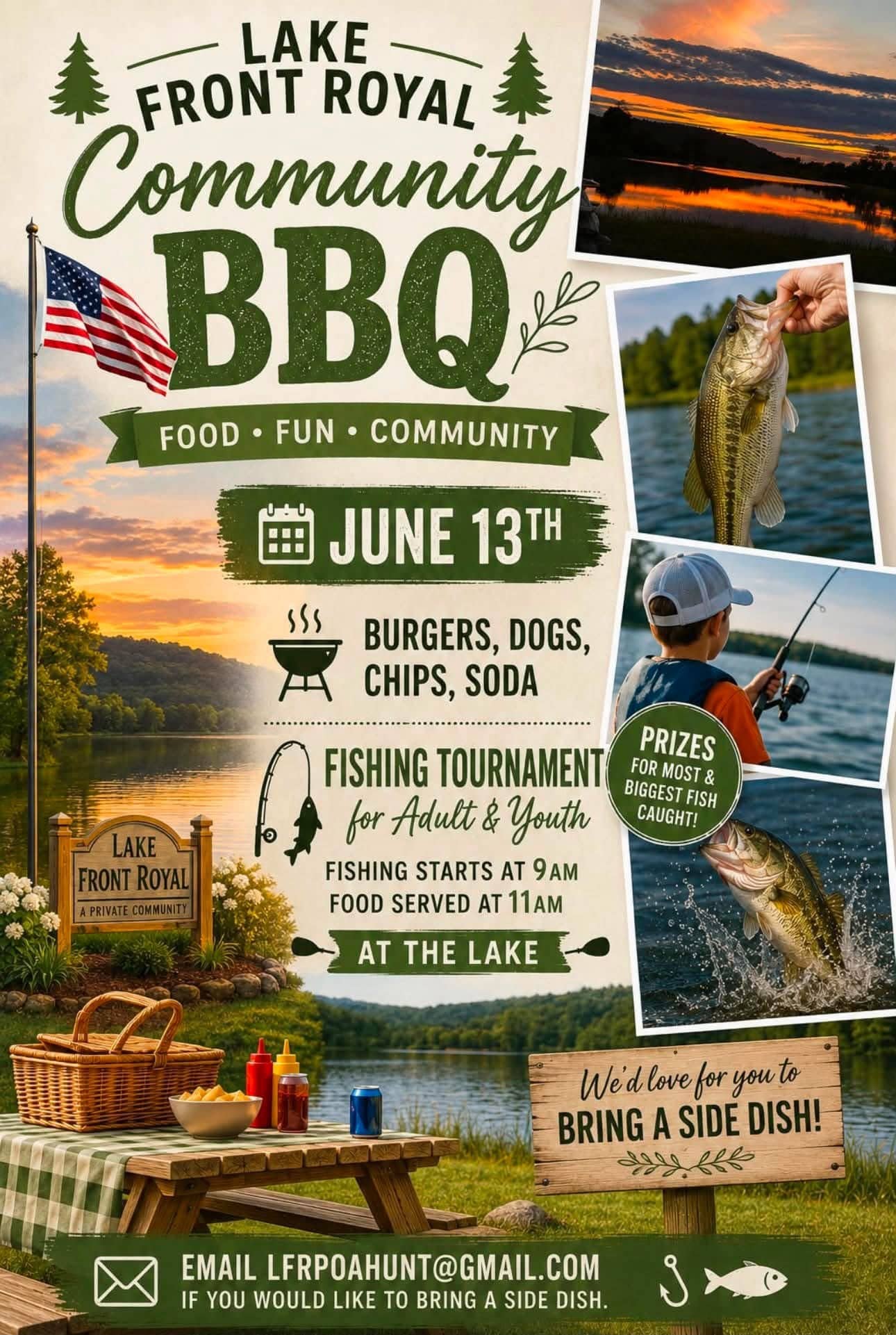 21039d2e-6b5e-410f-97b5-e99c88fbdc36 - Lake Front Royal POA - Lake Front Royal POA Event poster for Lake Front Royal Community BBQ with lake scenes, photos of fishing, and a family-friendly schedule.